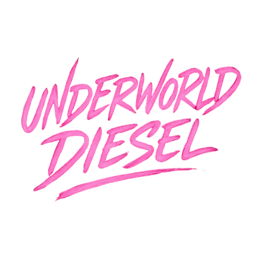 Pink 'Underworld Diesel' text on a white background